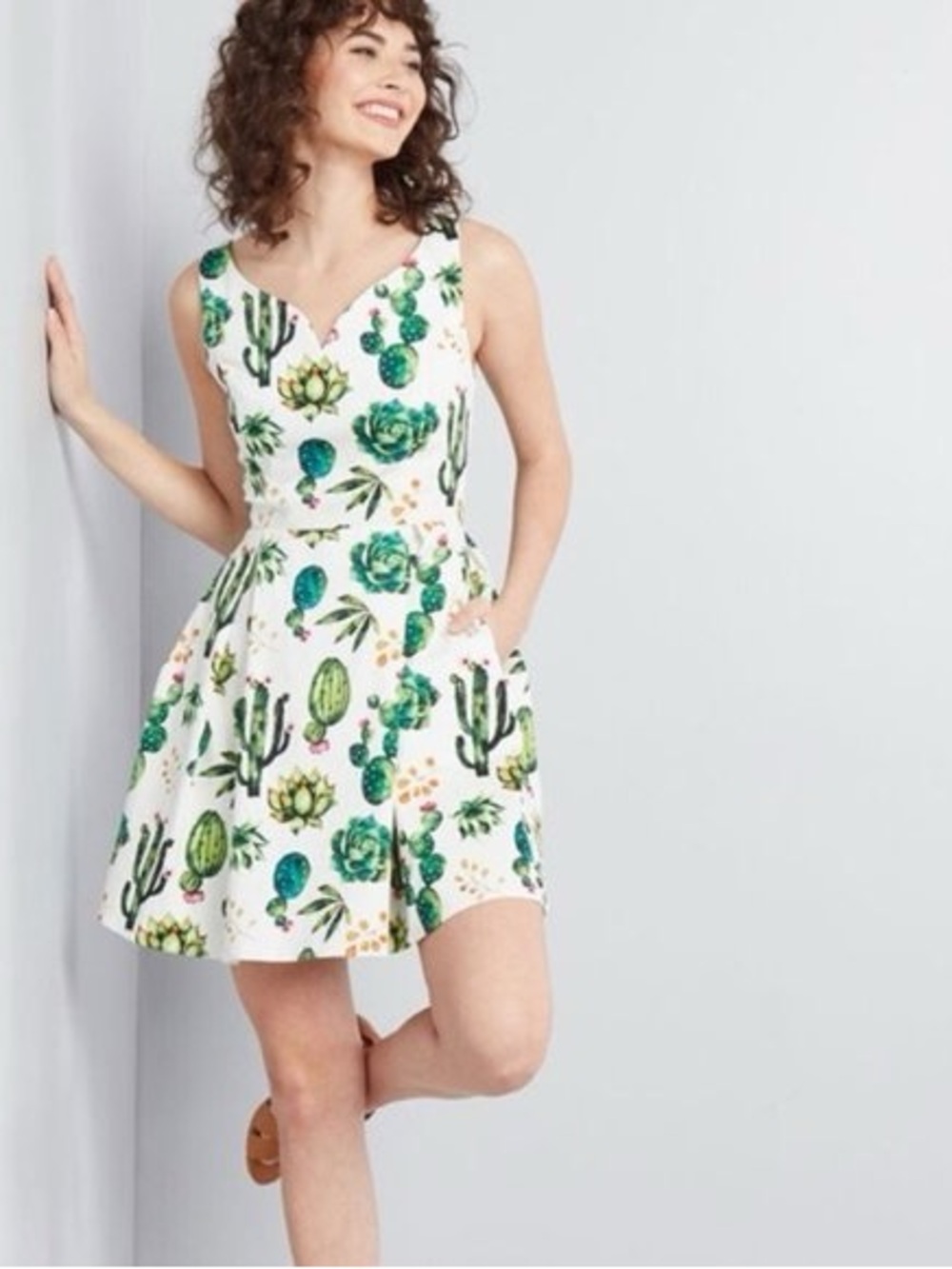 Eva Rose retro Cactus and Succulent Sleeveless Fit & Flare Dress size small